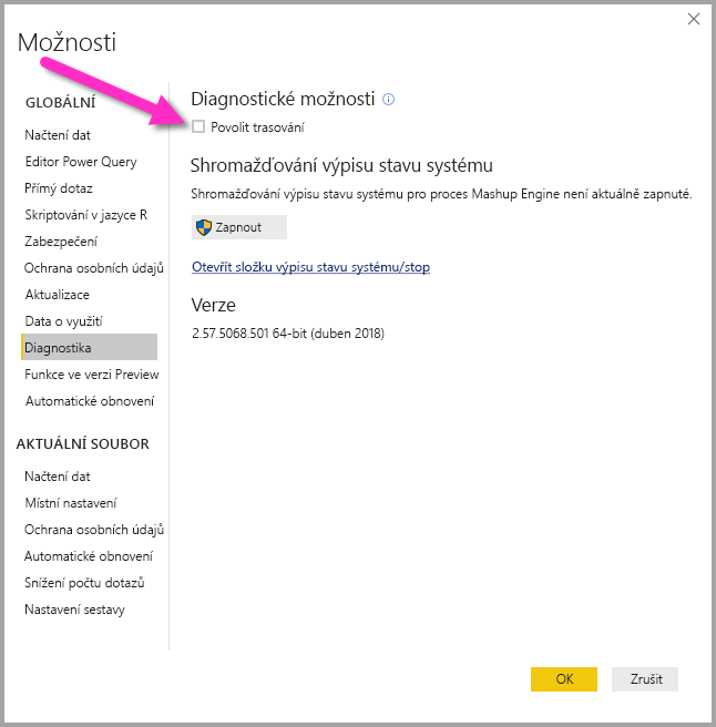 Screenshot shows the option to enable tracing in Power BI Desktop.