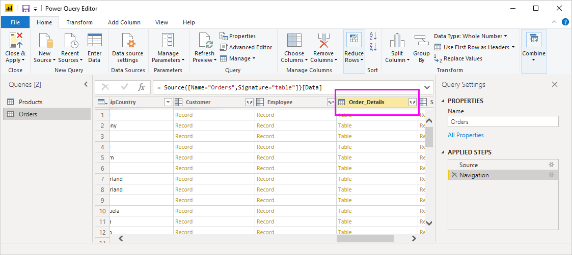 Screenshot that highlights the Order_Details column.