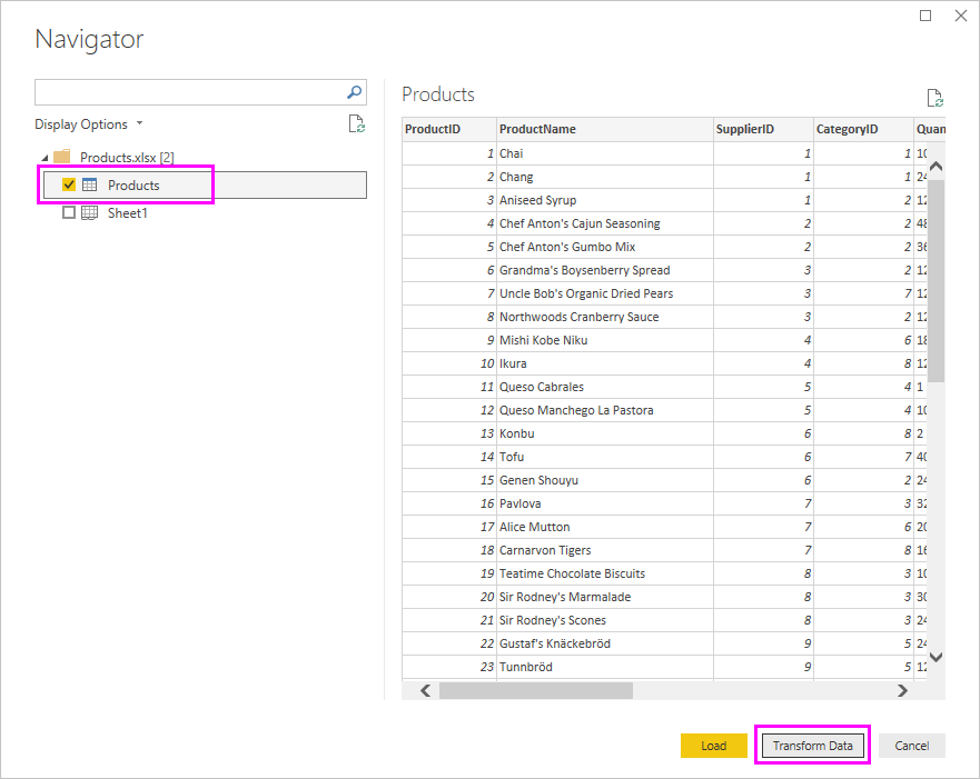 Screenshot that shows the Navigator screen with the Products table highlighted.