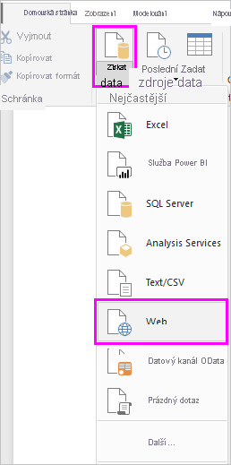 Snímek obrazovky znázorňující možnost Získat data na pásu karet s vybranou možností Web