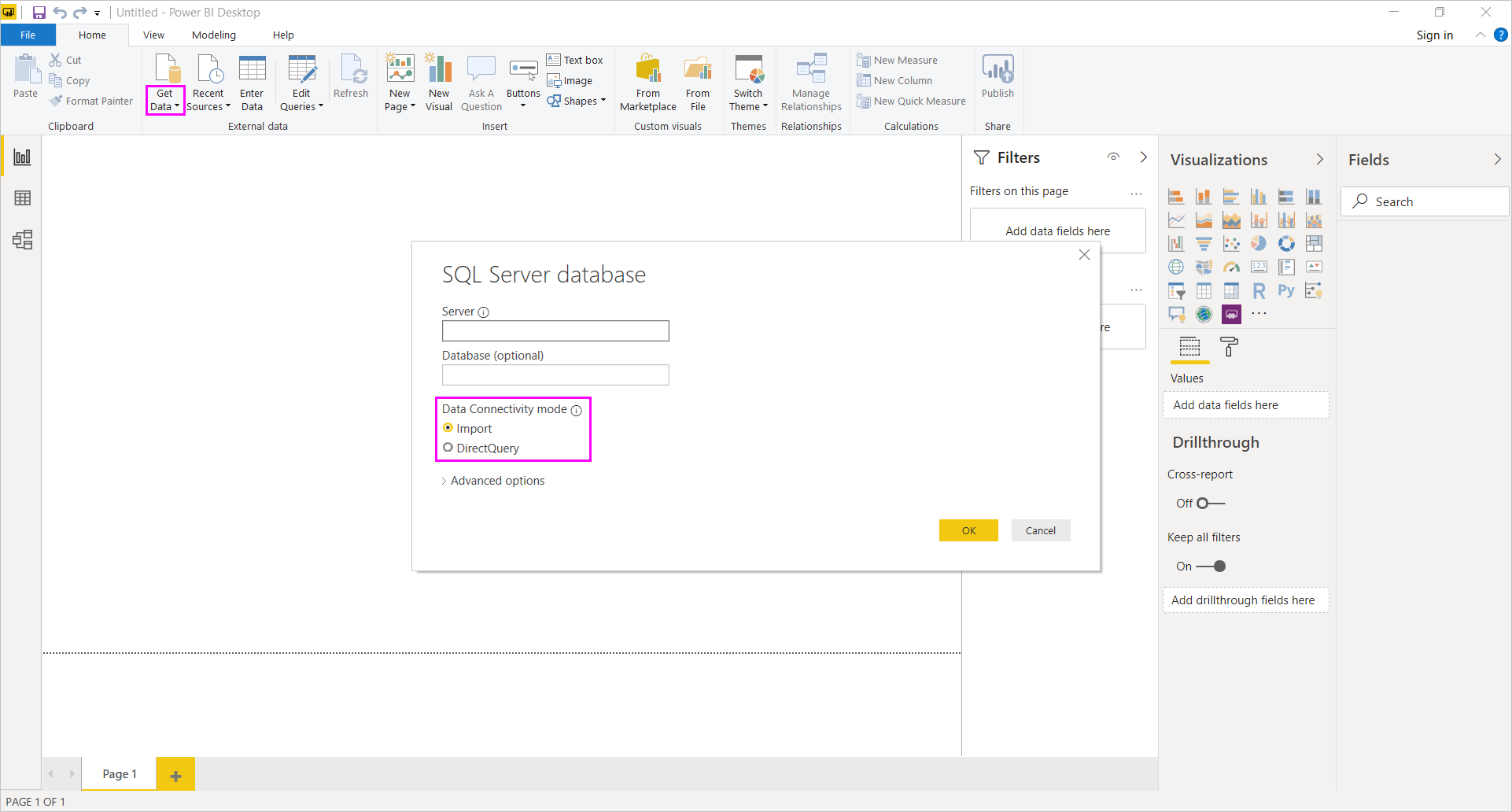 Možnosti Import a DirectQuery, dialogové okno databáze SQL Serveru, Power BI Desktop