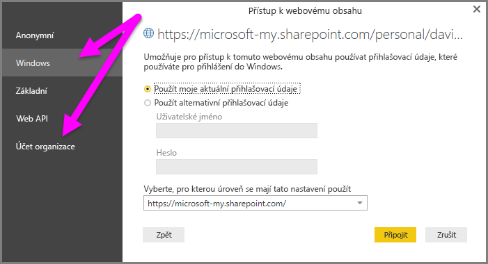 Snímek obrazovky s přihlašovací výzvou Power BI Desktop, kde je možné vybrat účet Windows nebo Organizační.