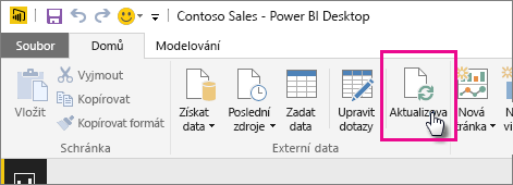 Snímek obrazovky s pásem karet Domů v Power BI Desktopu s výběrem možnosti Aktualizovat