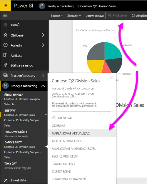 Snímek obrazovky s sémantickým modelem v Power BI Desktopu s výběrem možnosti Naplánovat aktualizaci