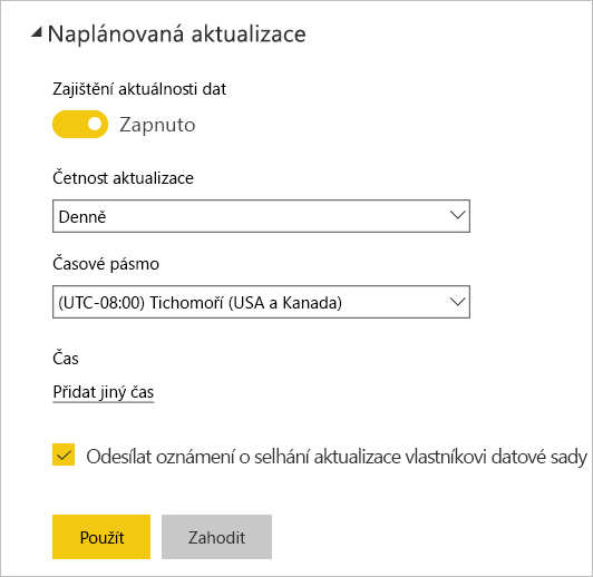 Snímek obrazovky s dialogovým oknem Naplánovaná aktualizace služba Power BI