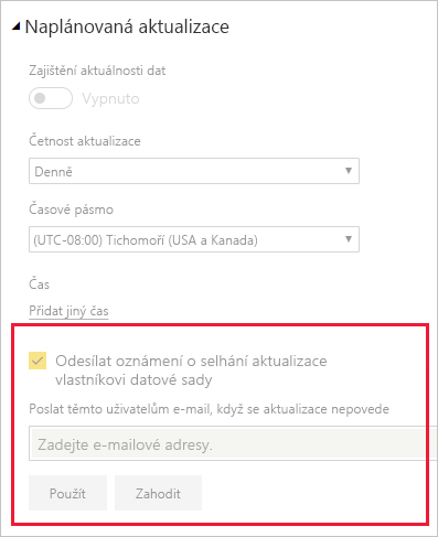 Snímek obrazovky oddílu v nastavení sémantického modelu pro změnu oznámení o aktualizaci e-mailů Power BI