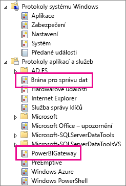 Snímek obrazovky ukazuje protokoly brány Správa dat a PowerBIGateway v adresáři Protokoly aplikací a služeb.