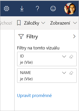 Snímek obrazovky znázorňující odkaz Upravit proměnné v podokně Filtr