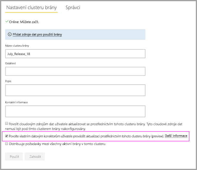 Screenshot that shows enabling custom connectors on the on-premises gateway Settings page.