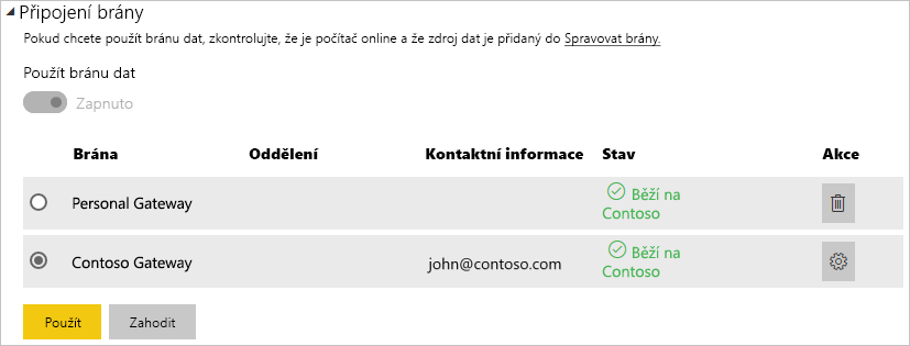 Screenshot that shows the gateway connection settings.