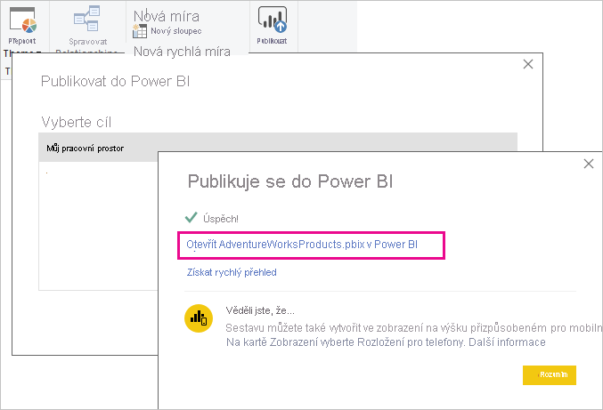 Snímek obrazovky Publikovat do Power BI