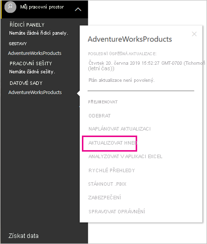 Snímek obrazovky znázorňující výběr možnosti Aktualizovat