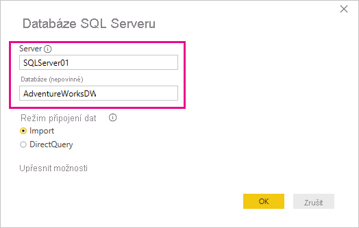 Snímek obrazovky s dialogovým oknem databáze SQL Serveru