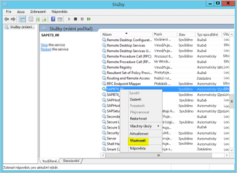 Snímek obrazovky se službami se zvýrazněnou možností Vlastnosti