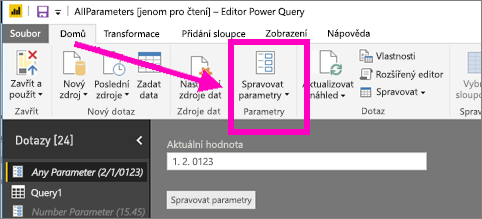 Screenshot of Power Query Editor Home tab showing Manage Parameters option in Power BI Desktop.