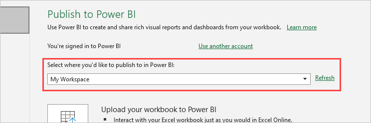 Snímek obrazovky znázorňující možnost Publikovat do Power BI s vybranou možností Můj pracovní prostor