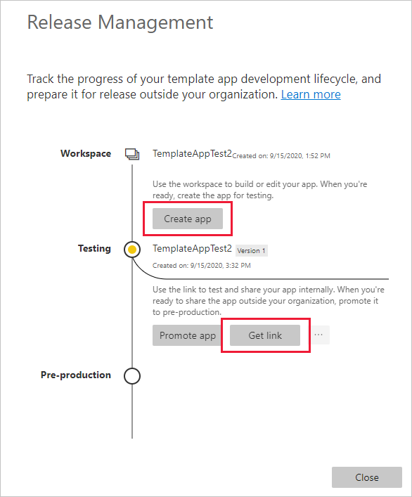 Snímek obrazovky s podoknem Release Management a zvýrazněným odkazem Získat