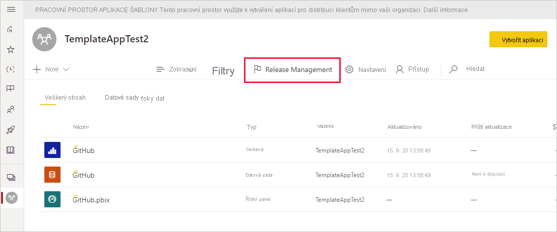 Snímek obrazovky znázorňující Release Management v pracovním prostoru šablony