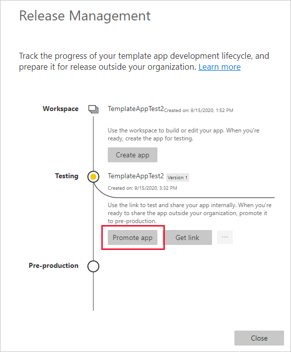 Snímek obrazovky s podoknem Release Management se zvýrazněnou možností Zvýšit úroveň aplikace