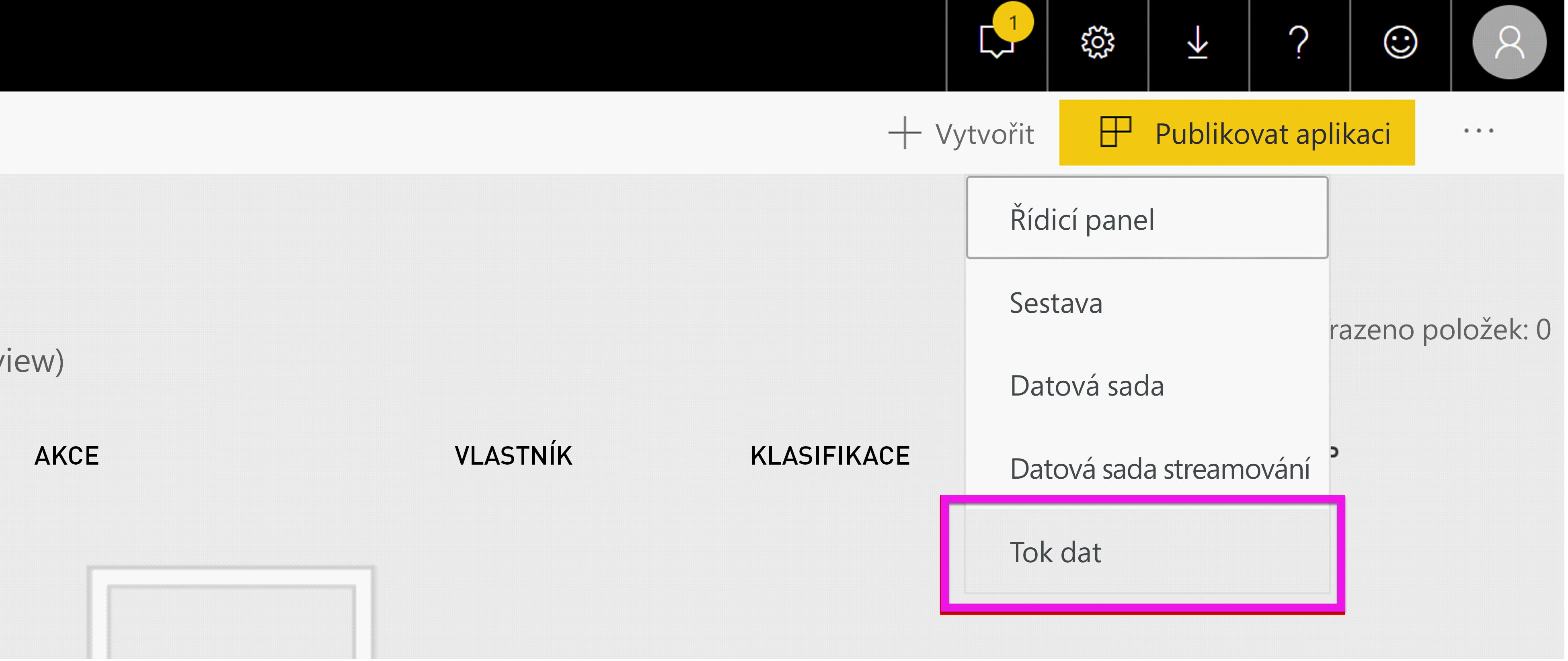 Screenshot shows the Power BI workspace with Create, then Dataflow, selected.