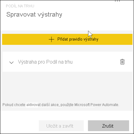 Snímek obrazovky zobrazující okno pro správu výstrah se zobrazeným upozorněním Na trh