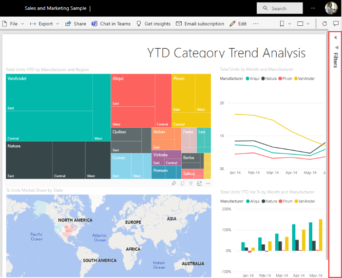 Snímek obrazovky sestavy otevřené v služba Power BI s vybraným podoknem Filtry