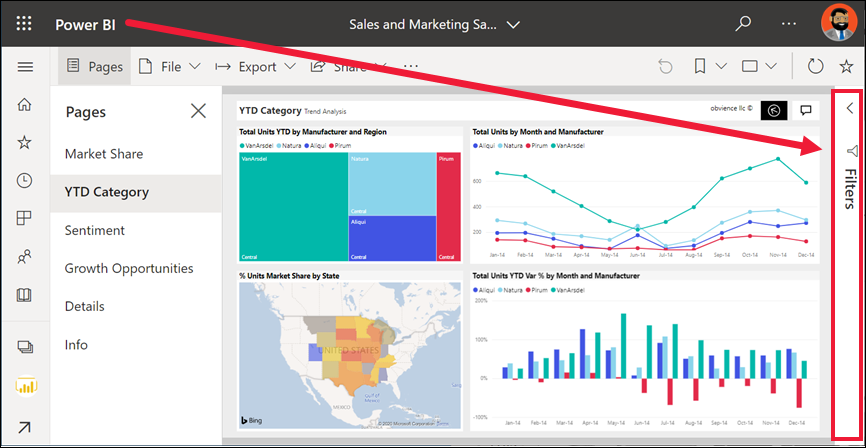 Snímek obrazovky sestavy otevřené v služba Power BI s vybraným podoknem Filtry