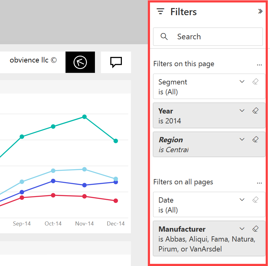 Snímek obrazovky zobrazující služba Power BI s rozbalenými filtry