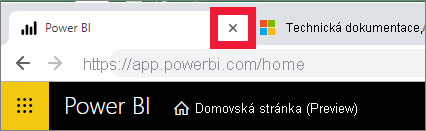 Snímek obrazovky znázorňující x na kartě prohlížeče pro zavření Power BI