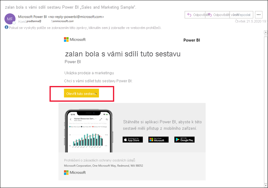 Snímek obrazovky znázorňující e-mail, který obsahuje odkaz na sestavu