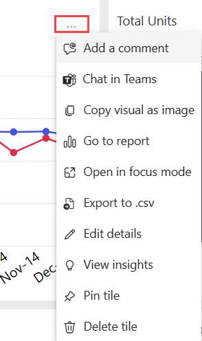 Snímek obrazovky s možnostmi nabídky akcí dlaždice Power BI