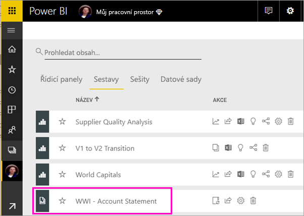 Screenshot of the workspace in the Power BI service and a paginated report highlighted.