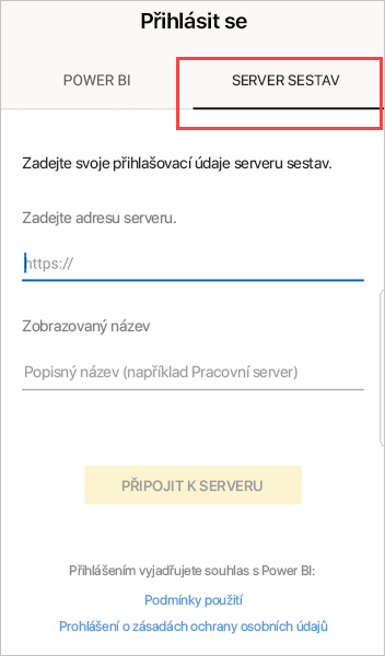 Snímek obrazovky s dialogovým oknem Přihlásit se se zvýrazněným serverem sestav