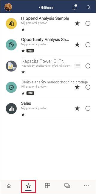 oblíbené položky v mobilních aplikacích Power BI