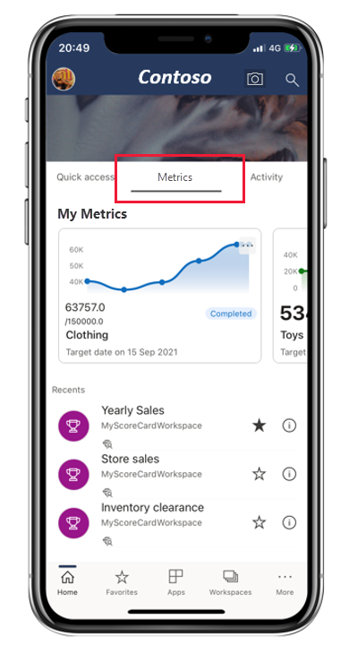 Snímek obrazovky centra metrik v mobilní aplikaci Power BI.