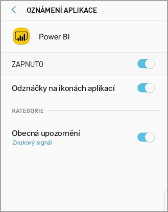 Snímek obrazovky s telefonem s Androidem s názvem Power BI, kde můžete povolit a spravovat oznámení