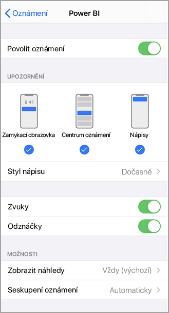 Snímek obrazovky s iPhonem s názvem Power BI, kde můžete povolit a spravovat oznámení