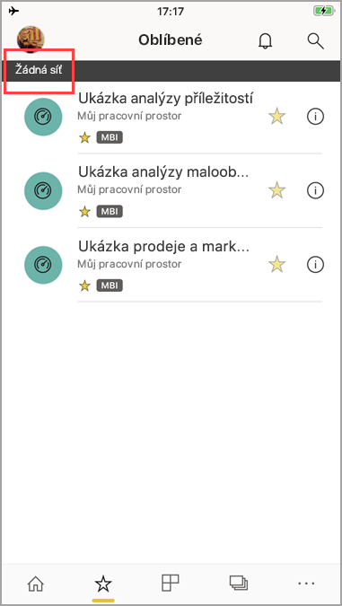 Snímek obrazovky znázorňující mobilní aplikaci Power BI se zprávou Žádná síť