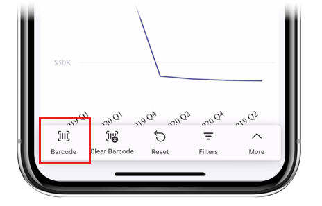 Snímek obrazovky s ikonou čárového kódu na panelu akcí sestavy Power BI