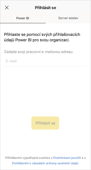 přihlášení k mobilní aplikaci Power BI