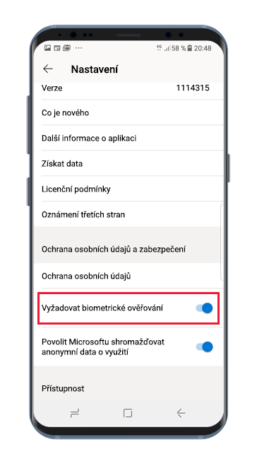 Power BI Android app setting page