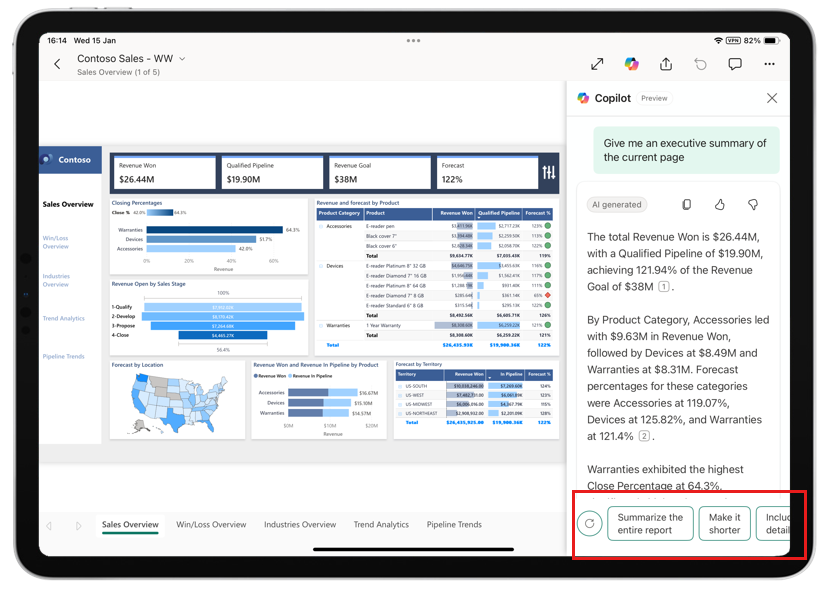 snímek obrazovky zobrazující Copilot v mobilních aplikacích Power BI na tabletu