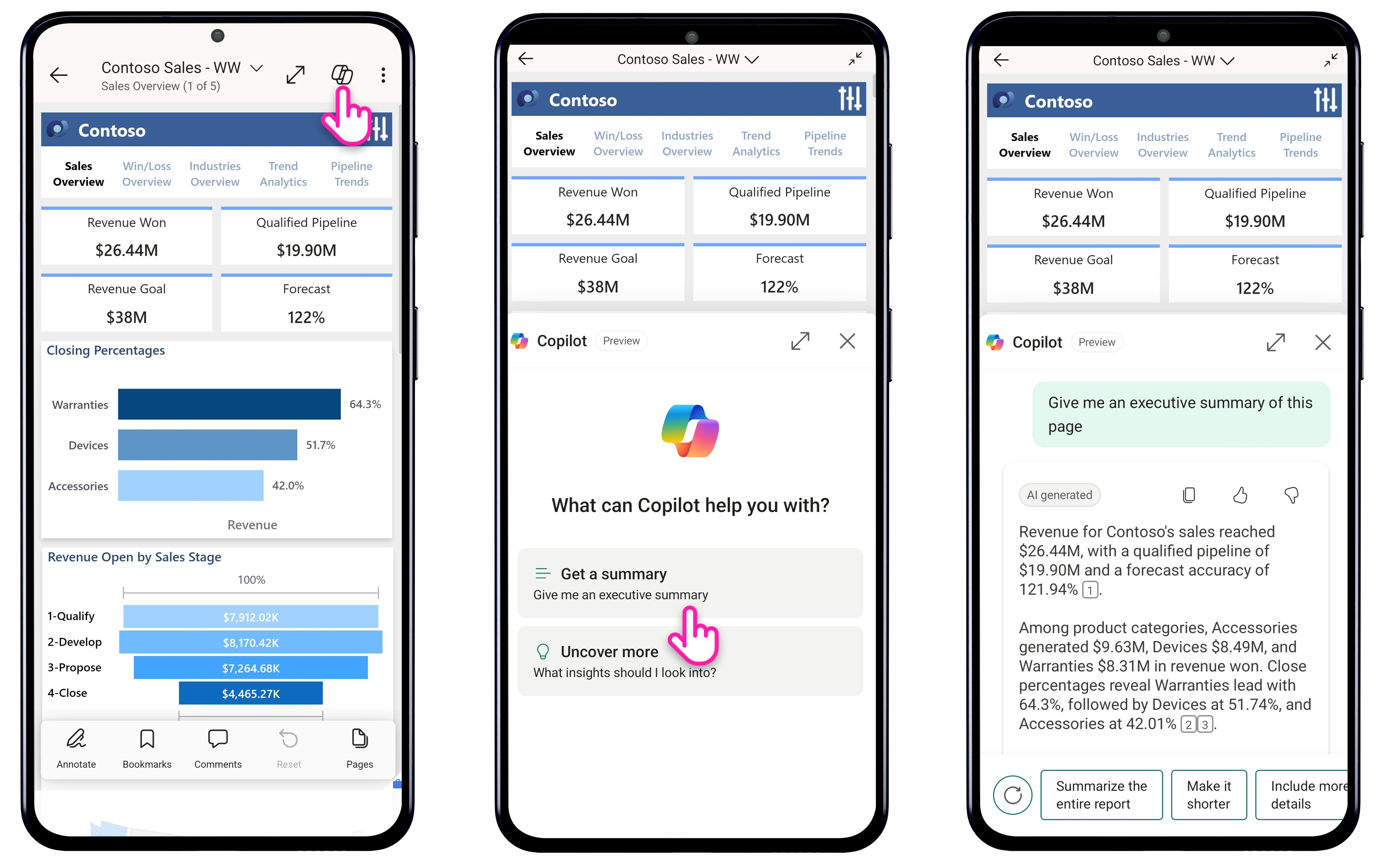 Snímek obrazovky znázorňující použití Copilotu v mobilních aplikacích Power BI