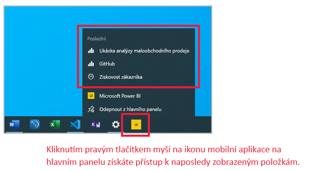 Nabídka Rychlý přístup k hlavnímu panelu