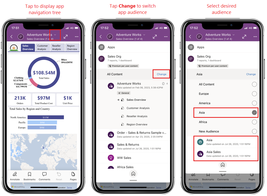 Obrázek přepínání cílové skupiny aplikací v mobilní aplikaci Power BI