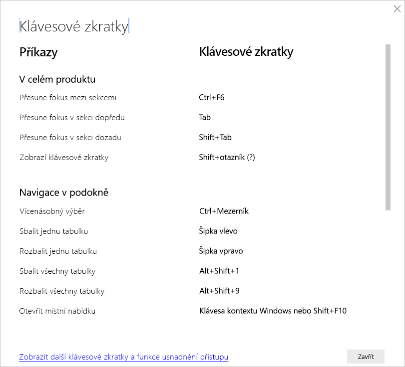 Snímek obrazovky s klávesovými zkratkami v Power BI Desktopu