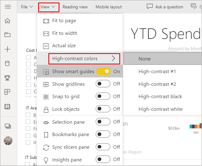 Snímek obrazovky s služba Power BI v režimu úprav a zvýrazněním barev zobrazení a vysokého kontrastu