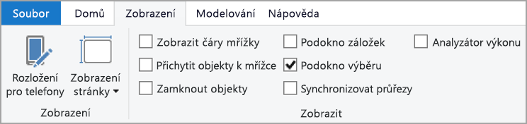 Snímek obrazovky s kartou Zobrazení na pásu karet se zvýrazněním výběru