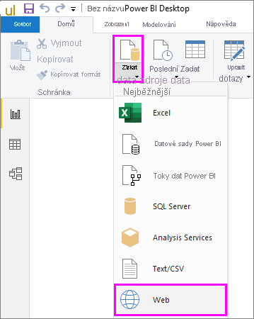 Snímek obrazovky Power BI Desktopu se zvýrazněním výběru webu v rozevírací nabídce Získat data
