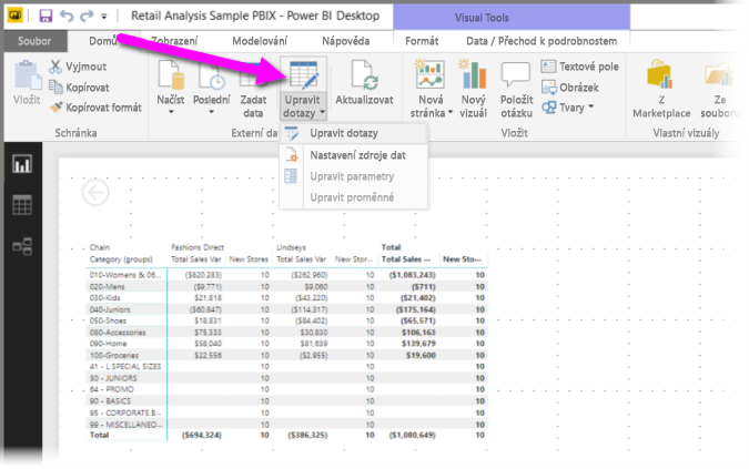 Snímek obrazovky Power BI Desktopu se zvýrazněnou možností Transformovat data